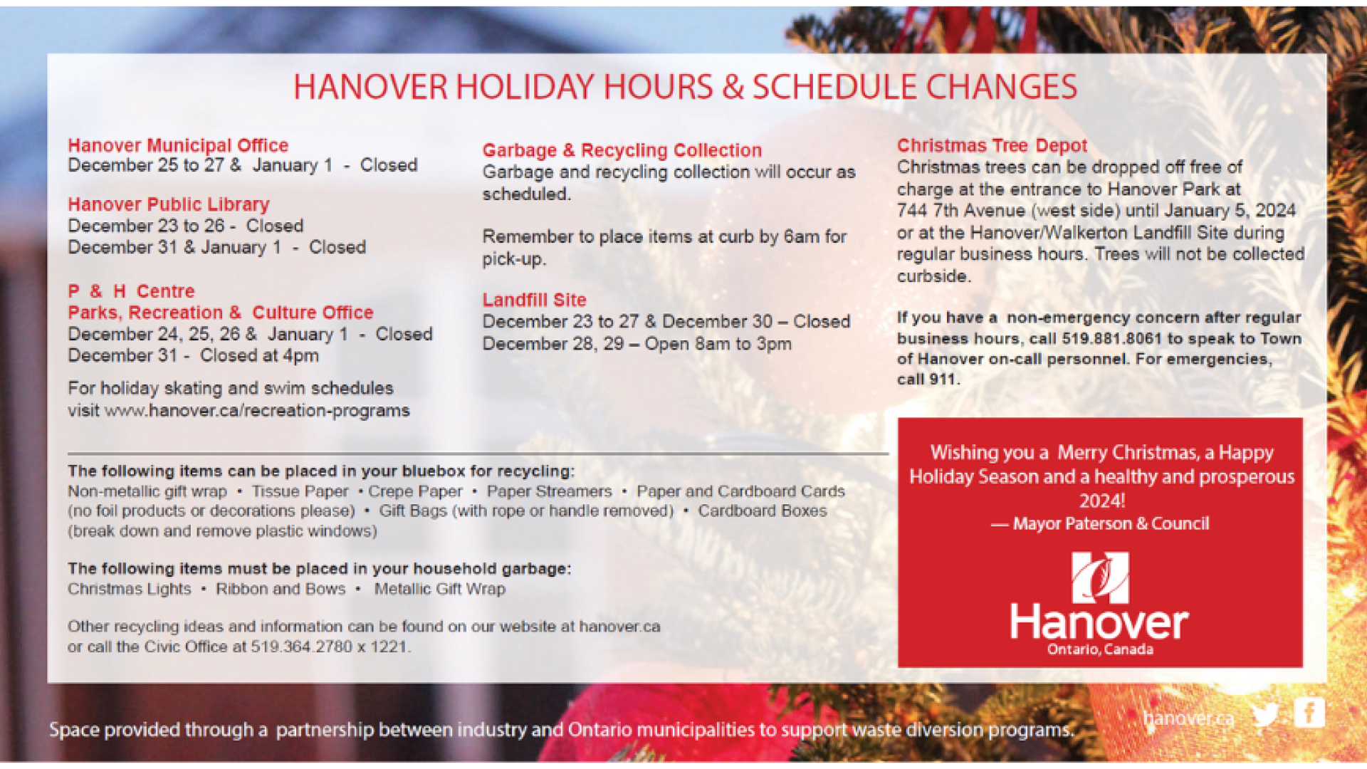 Hanover Holiday Hours & Schedules Changes Hanover